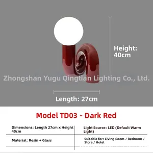 Detail view of modern red resin table lamp with dimensions 27x40cm and LED warm light