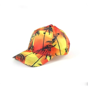 Detail of the tropical baseball cap showing the orange gradient and black palm tree print