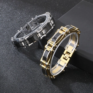 Men's hip hop stainless steel bracelet with carbon fiber inlay in gold and silver