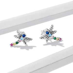 Exquisite 925 sterling silver dragonfly stud earrings with colorful gradient zircon stones