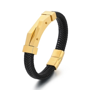 Men's fashion braided leather bracelet with golden stainless steel geometric buckle