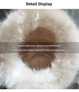Close-up of white faux fur winter bucket hat with premium suede lining and windproof design