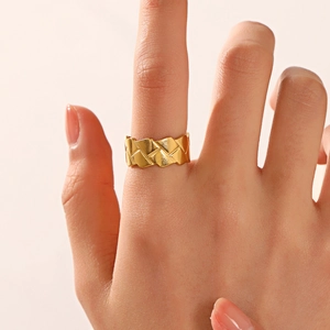 Minimalist 18K gold plated stainless steel geometric woven ring for women on finger