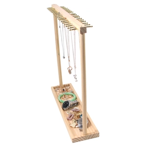 Wooden jewelry display stand with gold metal hooks and storage base for necklaces