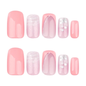 Pink French ombre press-on nails with marble texture, white lines and silver stars