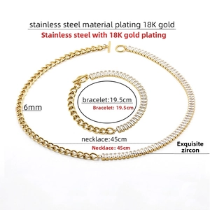 Detail of 18K gold plated stainless steel jewelry set with sparkling zircon inlays