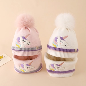 Kids knitted unicorn hat and neck warmer set with faux fur pom pom and warm fleece lining