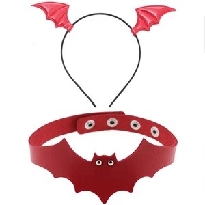 Detail view of the red bat wing headband and matching choker for Halloween party costumes