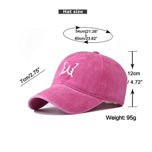 Size chart showing dimensions for pink cotton baseball cap with butterfly embroidery