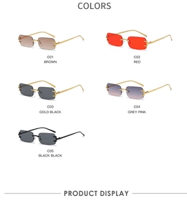Showcase of rimless rectangular sunglasses in brown, red, gold, pink and black colors