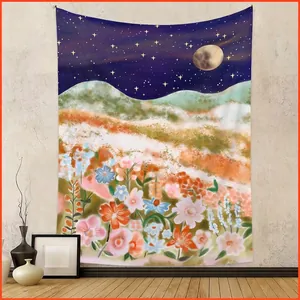 Illustration Wall Tapestry Polyester Starry Sky Moon Mountain Flower Pattern For Home Bedroom Living Room Decor