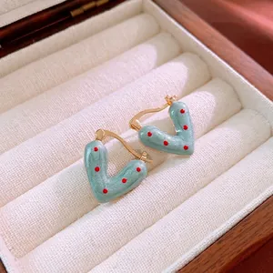 Boucles D'Oreilles Cœur En Émail Doux Avec Tige En Argent Motif À Pois Bijoux Élégants Pour Femmes