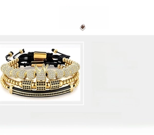 Close-up of crown zircon bracelets showing 8mm copper beads in gold, silver, and black finish
