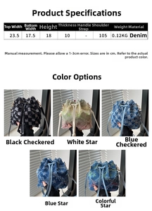 Detailed size specifications and five color variants of the denim drawstring bucket bag