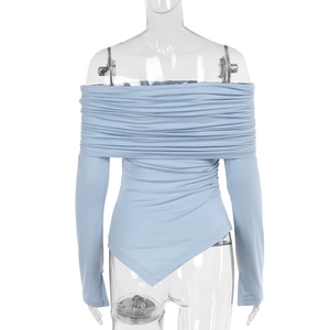 Detail of light blue off-shoulder top with elastic pleated fabric on mannequin
