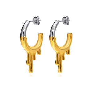 C-shaped two-tone stainless steel dripping waterdrop earrings with silver and gold plating