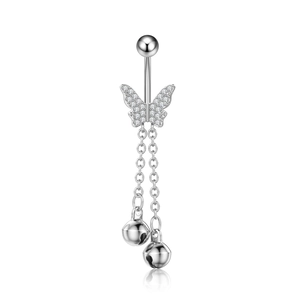 Detailed view of silver butterfly belly ring with sparkling zircon and bell tassels