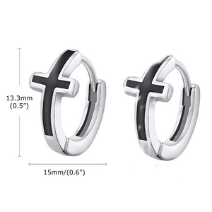 Minimalist silver cross hoop earrings for men and women with detailed size measurements
