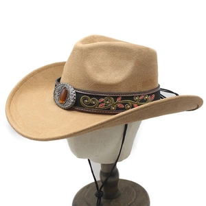 Classic western cowboy hat in camel suede with floral embroidery and turquoise buckle detail
