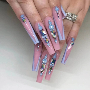 Press On Nails Long Ballerina Coffin Pink Blue French V Tip Rhinestone Artificial Pearl Decorative False Nails For Women Girls