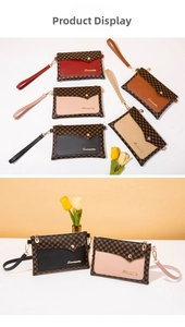 Detail of color-block wristlet bags featuring circular geometric patterns and gold zipper