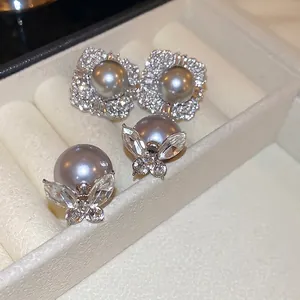 Alloy Rhinestone Butterfly Square Stud Earrings With Grey Imitation Artificial Pearl And Silver Earring Post For Women