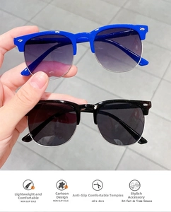 Detail der Kinder-Clubmaster-Sonnenbrille mit blau-schwarzem Rahmen und Verlaufsgläsern