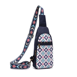 Detail of bohemian aztec sling bag showing navy fabric and colorful geometric patterns