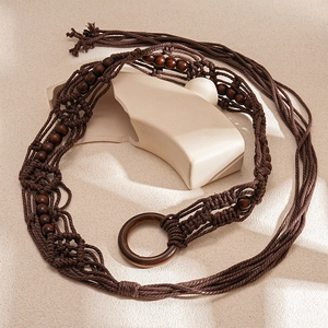 Vintage Bohemian Braided Waist Chain Belt Women Ethnic Style Woven Hemp Rope And Wood Beads Decorative Dress Accessory