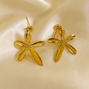 Elegant 14K gold-plated flower earrings with crystals on a premium silk background
