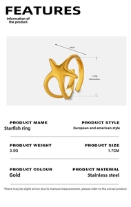 Detail view of adjustable gold starfish ring specs with stainless steel material info