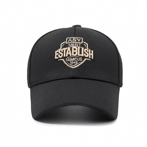 Classic black baseball cap with premium gold shield embroidery on high-density cotton