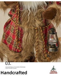 Close-up of handmade faux fur Santa doll with red plaid fabric and vintage lantern detail