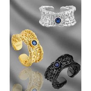S925 sterling silver woven hollow ring with blue zircon inlay in gold, silver, and black