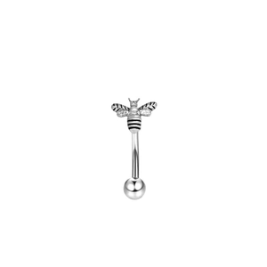 Detailed view of a silver bee-shaped curved barbell for eyebrow or ear piercings