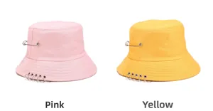 Détails de bobs en toile rose et jaune avec épingles de sûreté et anneaux métalliques