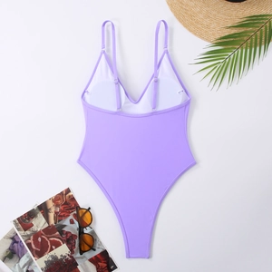 Detailed back view of a lavender one-piece swimsuit with adjustable straps and padded cups