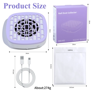 Mini M3 portable nail dust collector in light purple with USB cable and 10 filter pads