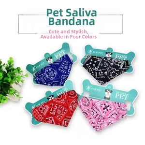 Set of four colorful paisley pet bandanas in red, blue, black, and pink colors