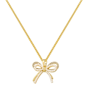 Golden bow necklace for women featuring fine chain with pearls and sparkling crystals
