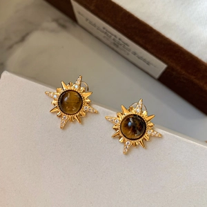 Gros plan sur les puces d'oreilles en or 18 carats avec œil de tigre brun et cristaux