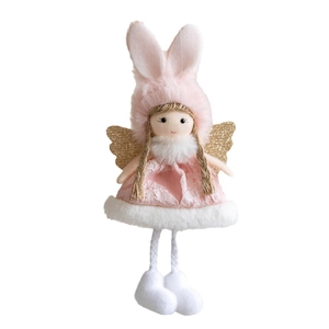 Cute plush angel girl doll with pink bunny ears and gold wings for Christmas tree decor