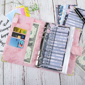 Pink marble PU leather A6 binder with budget sheets, card slots, and inner ruler