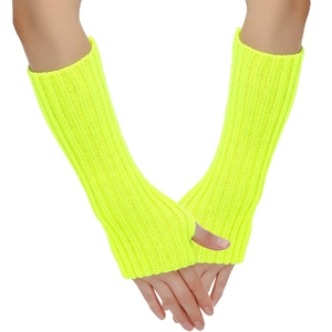 Close-up of fluorescent knit fingerless arm warmers showing texture and thumb hole