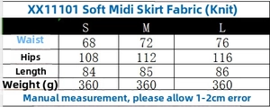 Size chart showing fabric details for soft knit midi skirt and bodycon skirt set