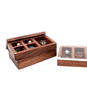 Portable black walnut jewelry box with multi-grid storage and soft velvet lining