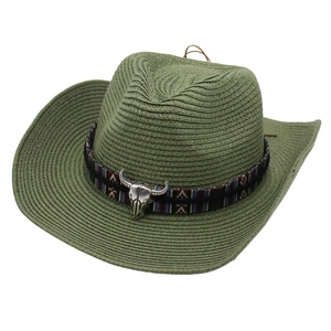 Western Cowboy Straw Hat With Bull Skull Metal Decor Ethnic Woven Band Wide Brim Sunshade Beach Summer Fashion Hat For Unisex