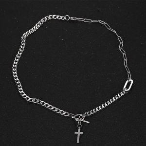 Retro titanium steel cross pendant necklace with paperclip chain and T-bar toggle clasp