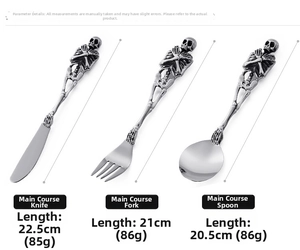 Detail view of skull handle stainless steel cutlery set with size and weight specs