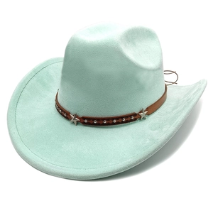 Top view of mint green suede cowboy hat featuring star studs on a brown leather band